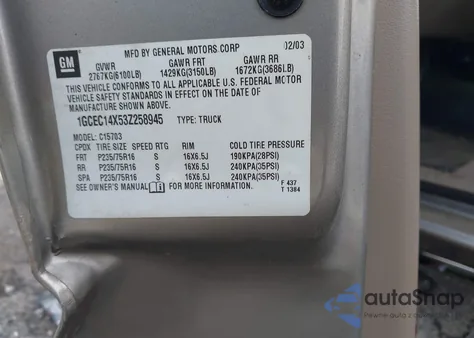 2003 Chevrolet Silverado 1500 z USA, uszkodzony, nr VIN 1GCEC14X53Z258945